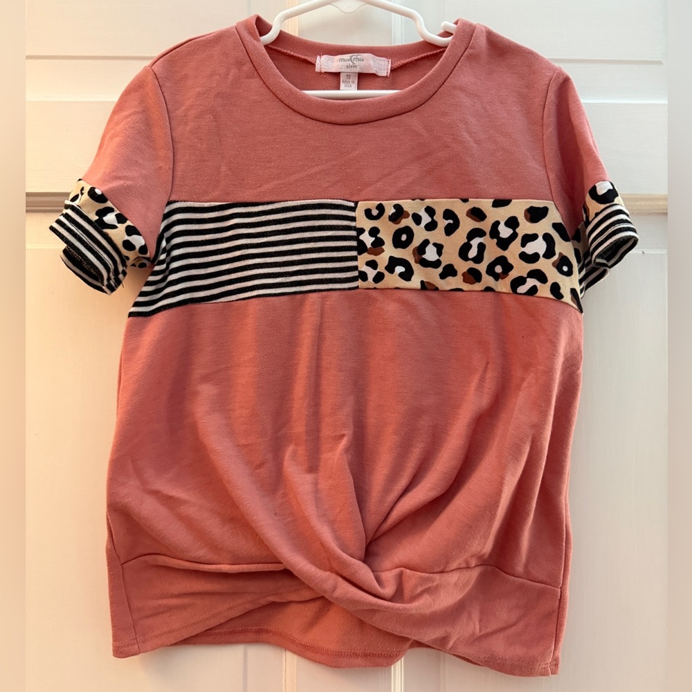 Kids' Moa Moa Pink Leopard and Stripe, Twist Front T-Shirt, Size S.